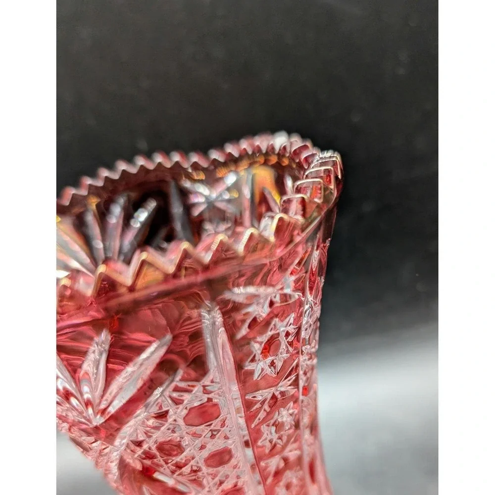 Vintage Crystal De Arques Ruby Red Cut Clear Glass Vase Sawtooth Starburst 6.75